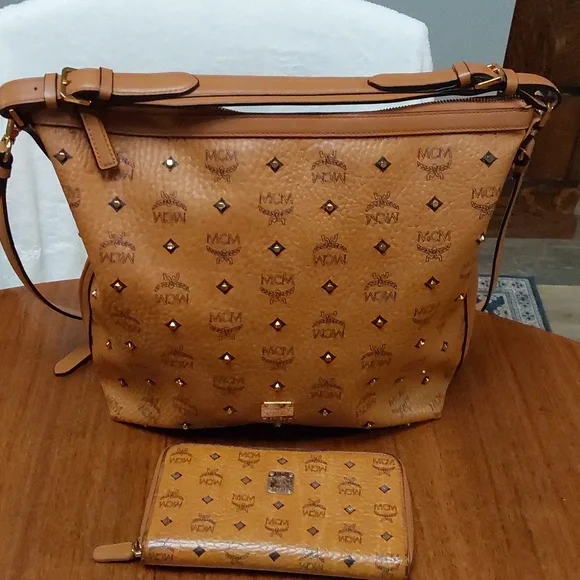 MCM Cognac Hobo Bag with Matching Wallet Iconic Monogram Print - Picture 2 of 12